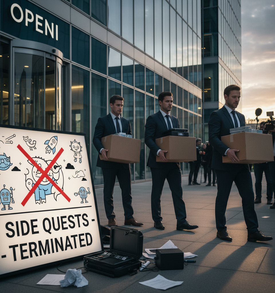 Three more senior executives leave OpenAI as the company kills its side quests — AI-generated illustration
