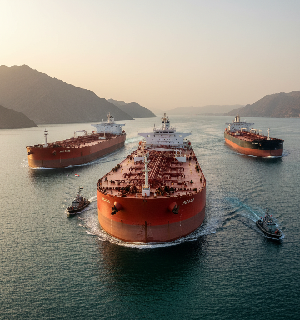 Three oil supertankers appear to make move through Hormuz — AI-generated illustration