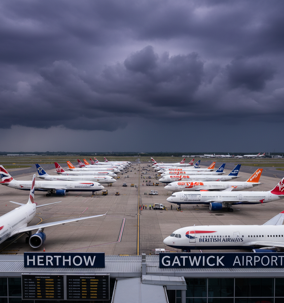 Thunderstorms Disrupt Hundreds of Heathrow and Gatwick Flights — AI-generated illustration