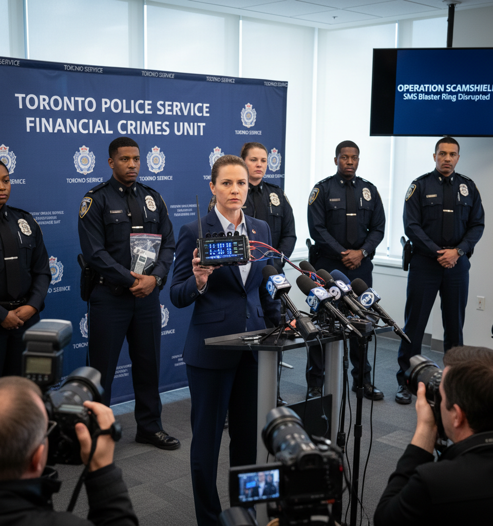 Toronto Police Disrupt Landmark SMS Blaster Ring, Foiling Mass Financial Fraud Attempts — AI-generated illustration