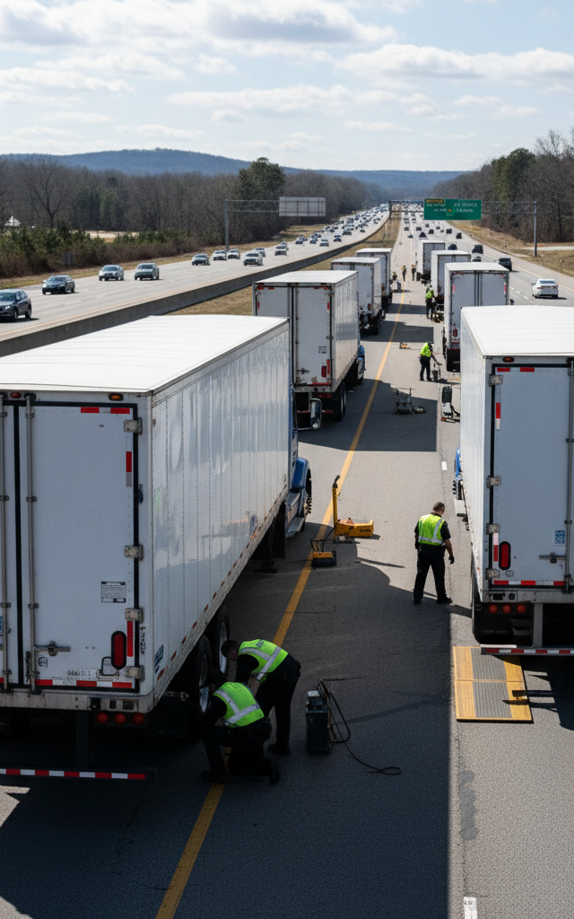 Truck Blitzes Uncover Thousands of Violations, 99 Drivers Placed Out of Service Across Six States — AI-generated illustration