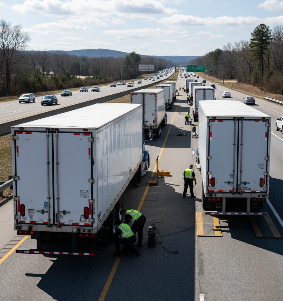 Truck Blitzes Uncover Thousands of Violations, 99 Drivers Placed Out of Service Across Six States — AI-generated illustration