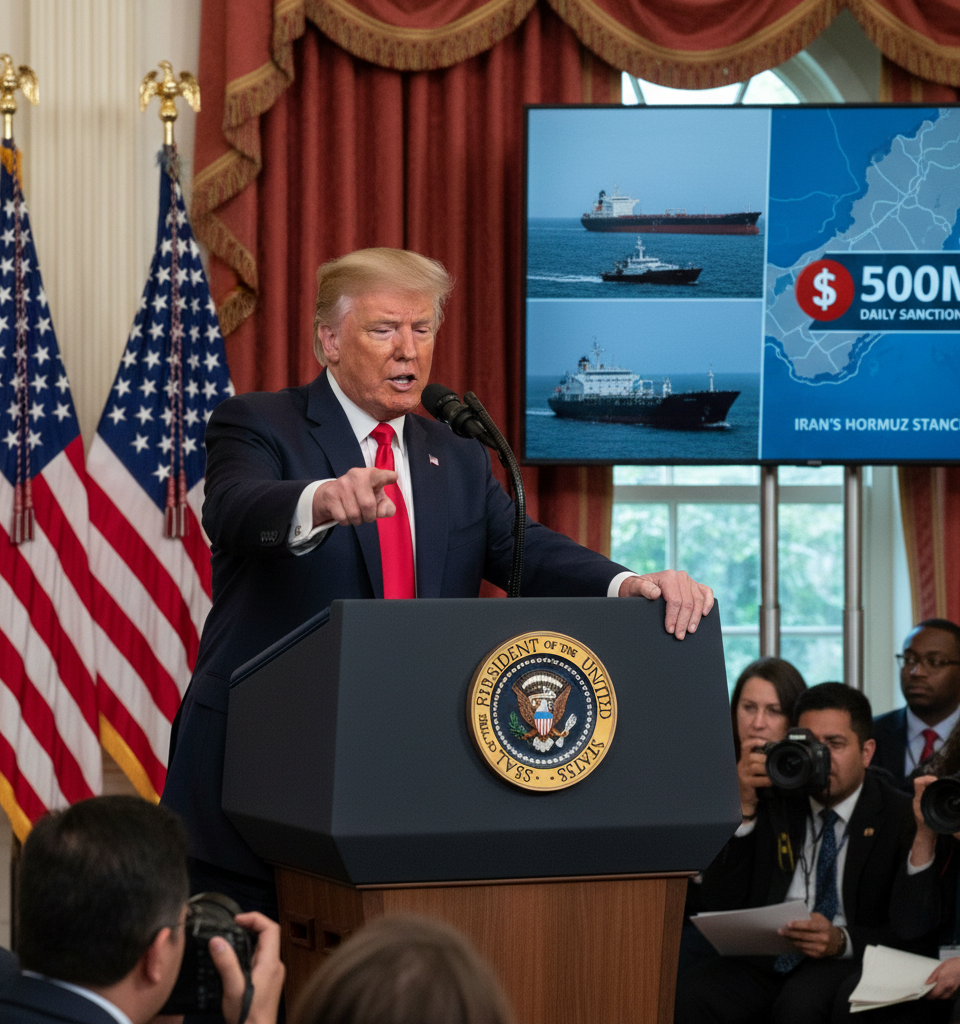 Trump Alleges Iran's Hormuz Stance Driven by $500M Daily Sanctions Cost Amidst Strait Tensions — AI-generated illustration