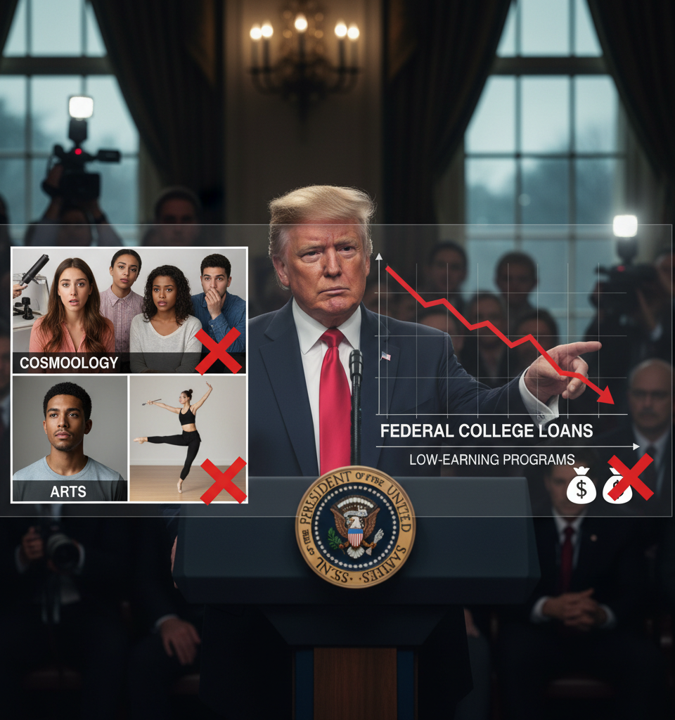 Trump-Backed Rule Targets Federal College Loans for Low-Earning Programs; Cosmetology, Arts at Risk — AI-generated illustration