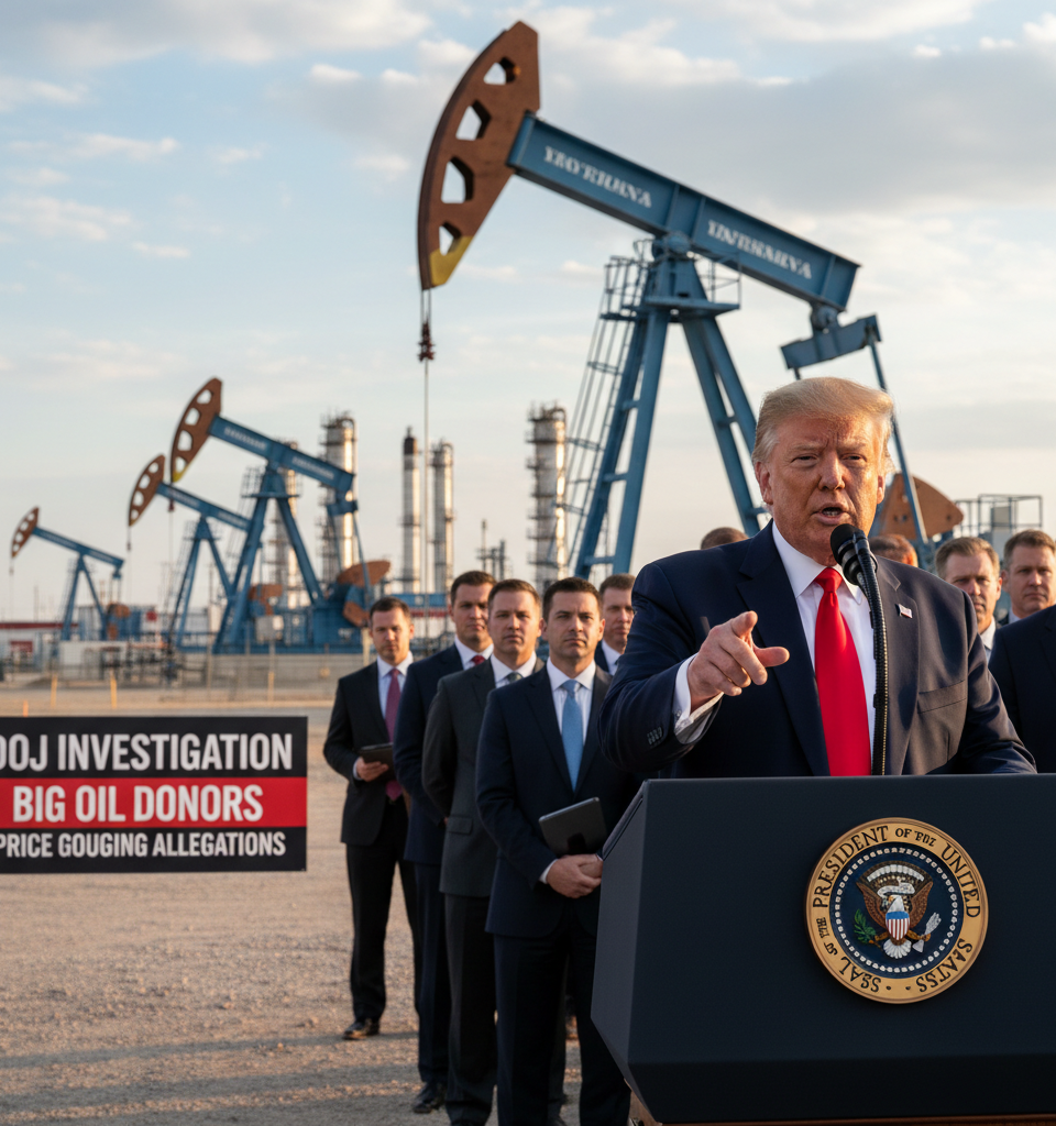 Trump Calls for DOJ Investigation into Big Oil Donors Amidst Price Gouging Allegations — AI-generated illustration