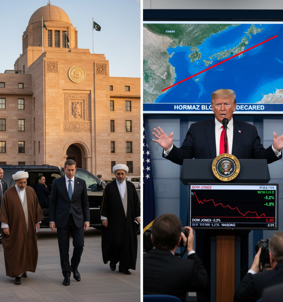 Trump Declares Hormuz Blockade Amid Failed Iran Talks; Markets Plunge — AI-generated illustration