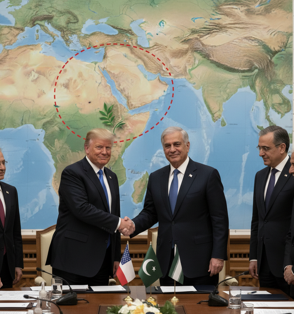 Trump, Iran Agree to Hormuz Ceasefire Amid Pakistani Mediation Efforts — AI-generated illustration