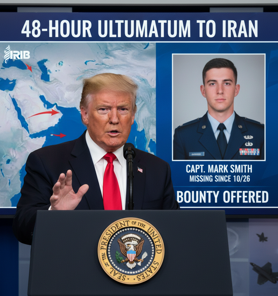 Trump Issues 48-Hour Ultimatum to Iran Amid Missing Airman Crisis; Tehran Offers Bounty — AI-generated illustration