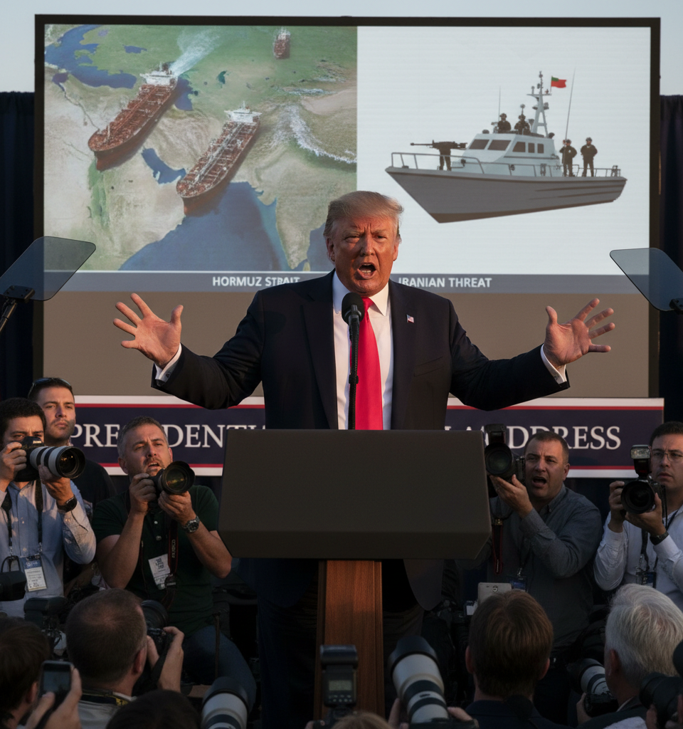 Trump issues expletive-laden threat  to Iran over Hormuz Strait blockage — AI-generated illustration