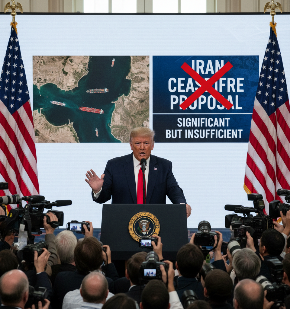 Trump Labels Iran Ceasefire Proposal 'Significant' But 'Insufficient' Amid Hormuz Strait Tensions — AI-generated illustration