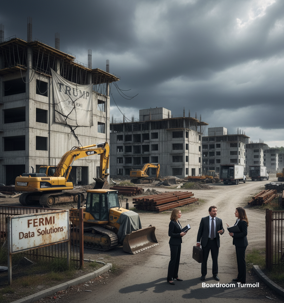 Trump-Linked Data Center REIT Fermi Plunges into Crisis Amid Misconduct Claims, Tenant Exodus, and Boardroom Turmoil — AI-generated illustration