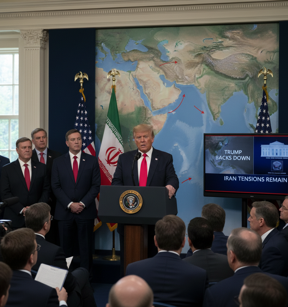 Trump Retreats on Hormuz Threat, Iran Tensions Linger Amidst Global Scrutiny — AI-generated illustration