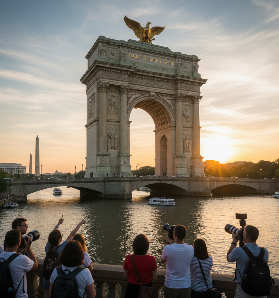 Trump's 250-foot 'triumphal arch' would loom over Potomac, new renderings show — AI-generated illustration
