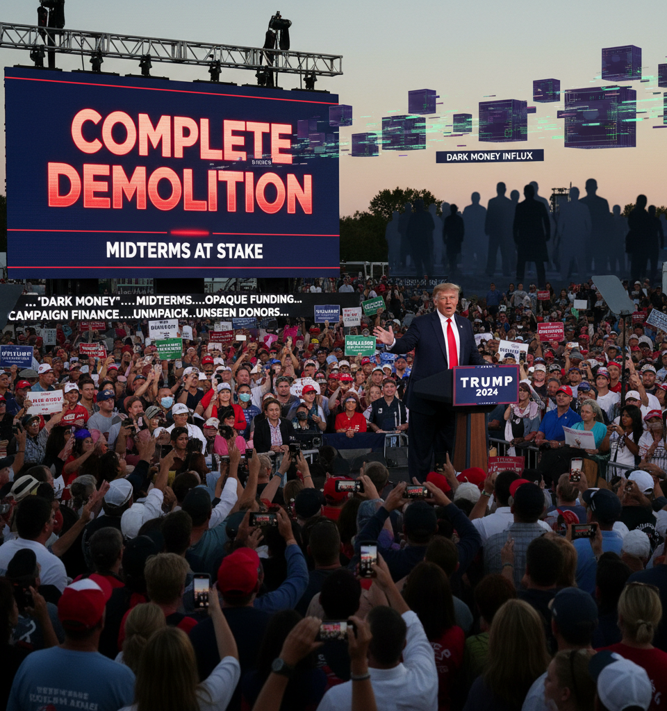 Trump's 'Complete Demolition' Threat Rocks Midterms Amid Opaque Dark Money Influx — AI-generated illustration