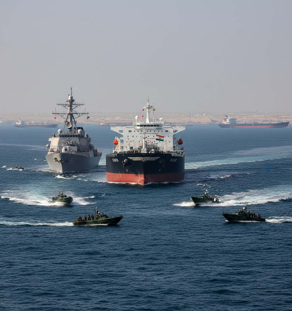 Trump’s Hormuz blockade puts China, India in crosshairs as U.S. pressure on Iran spills over — AI-generated illustration