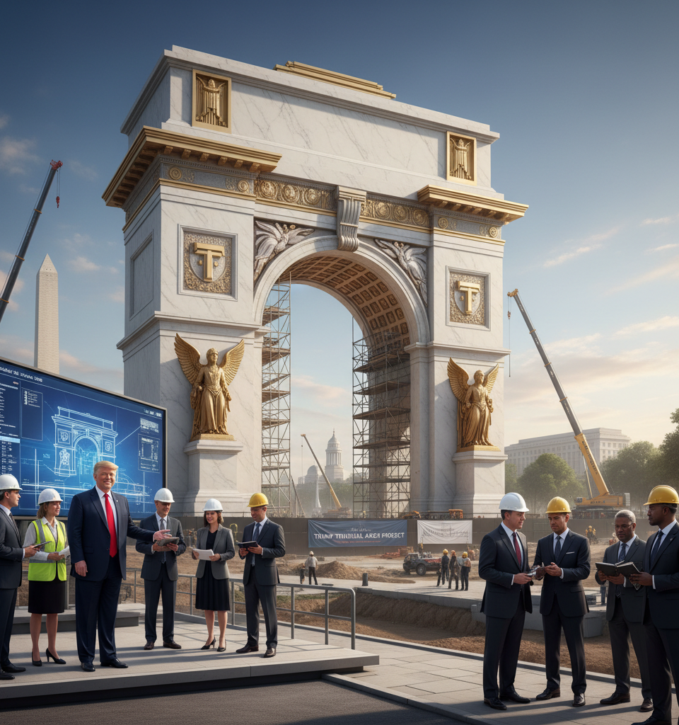 Trump's Triumphal Arch Project Advances Amidst Design Revisions and Expert Scrutiny — AI-generated illustration