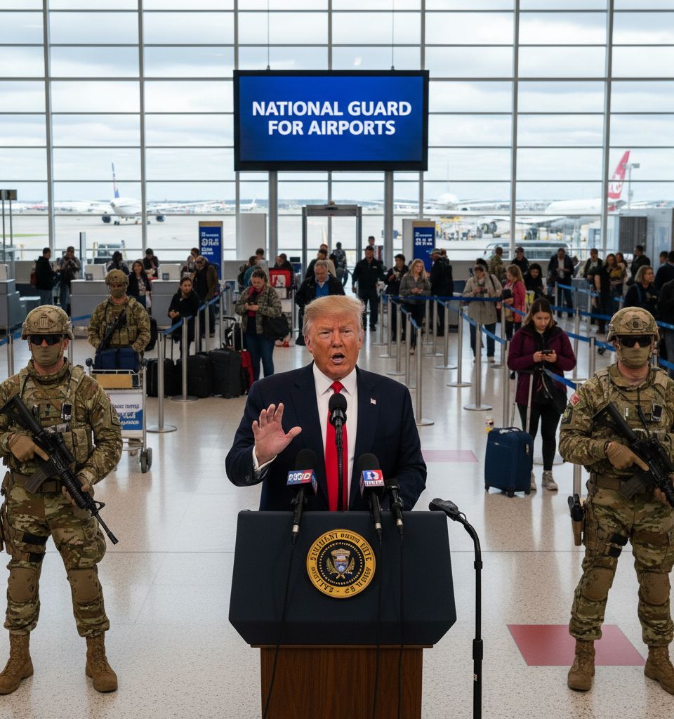 Trump says he could send National Guard to airports 'for more help' — AI-generated illustration