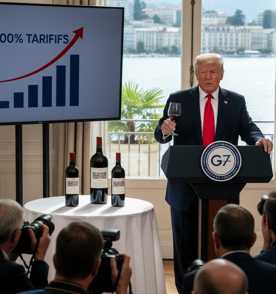 Trump Threatens 100% Tariffs on French Wine Over Digital Services Tax Ahead of G7 — AI-generated illustration
