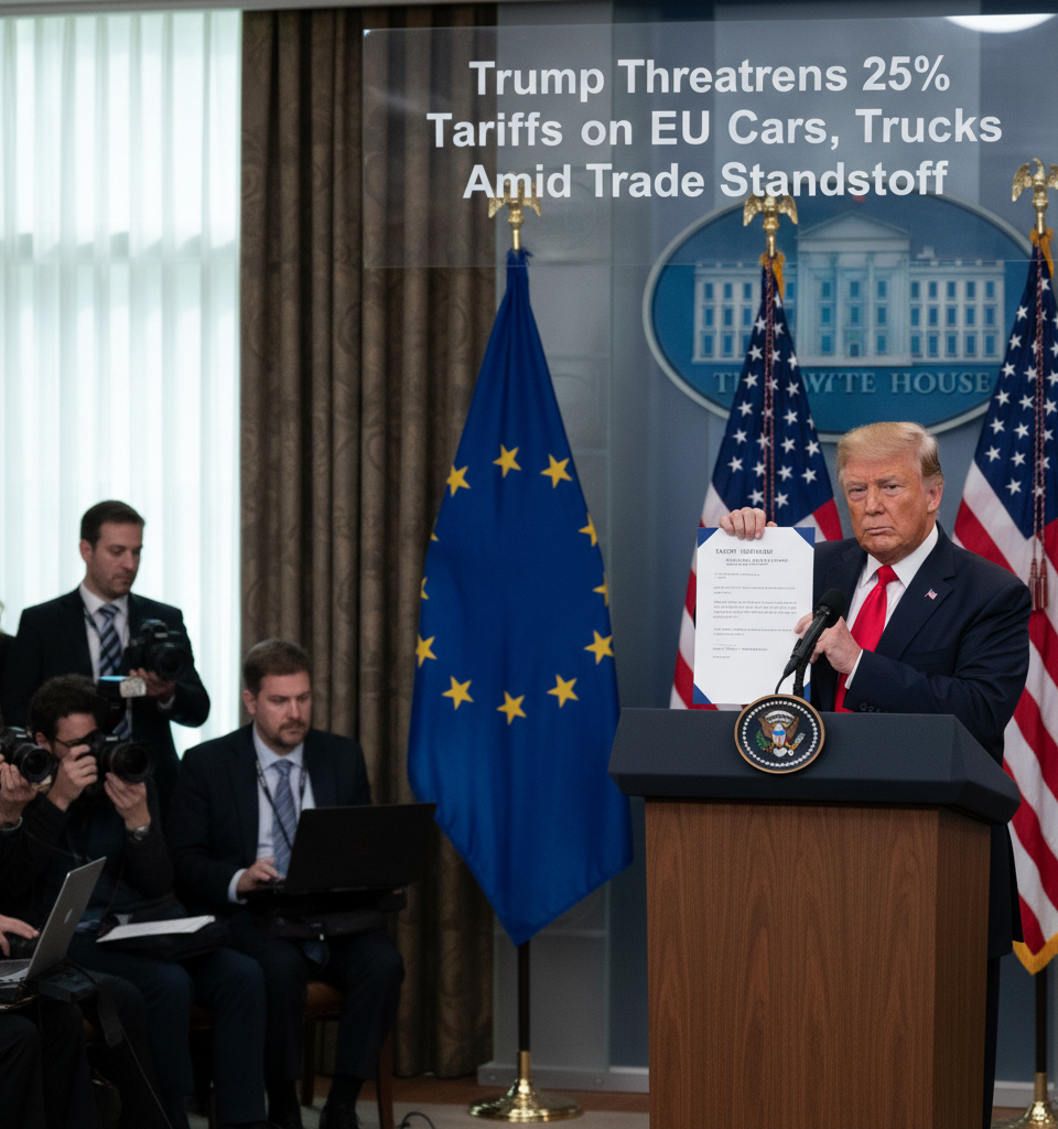 Trump Threatens 25% Tariffs on EU Cars, Trucks Amid Trade Standoff — AI-generated illustration
