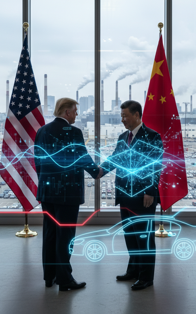 Trump-Xi Meeting: Chinese Automakers Pose 'Pandora's Box' for US Auto Industry — AI-generated illustration