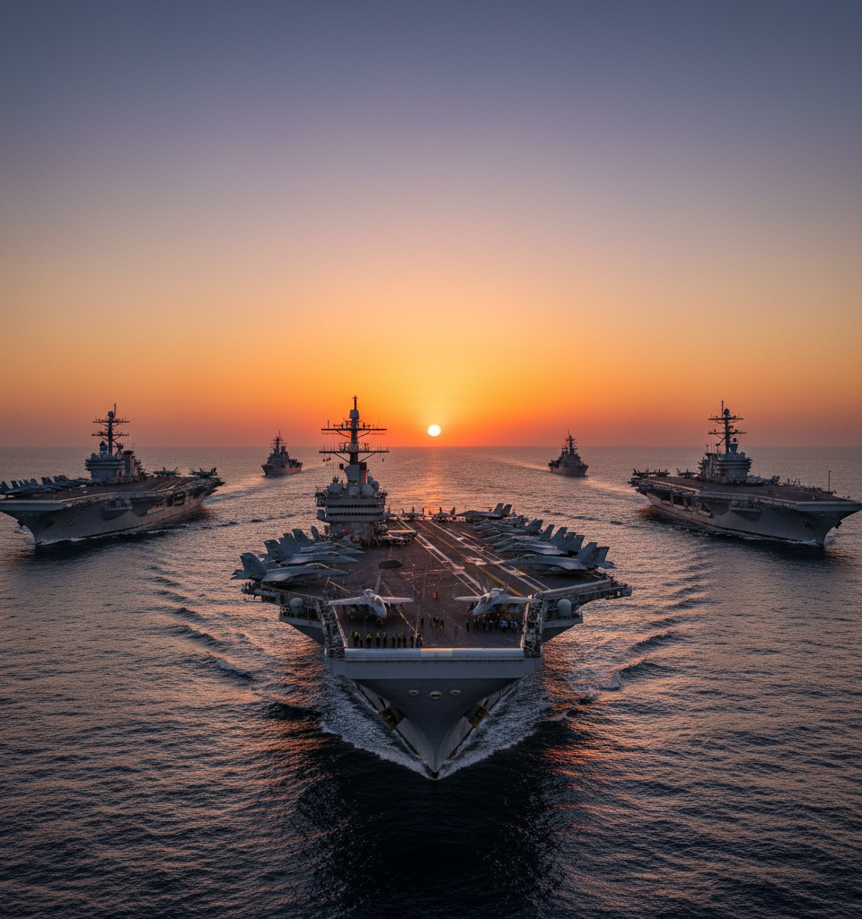 U.S. Bolsters Middle East Presence with Unprecedented Three Aircraft Carrier Deployment — AI-generated illustration