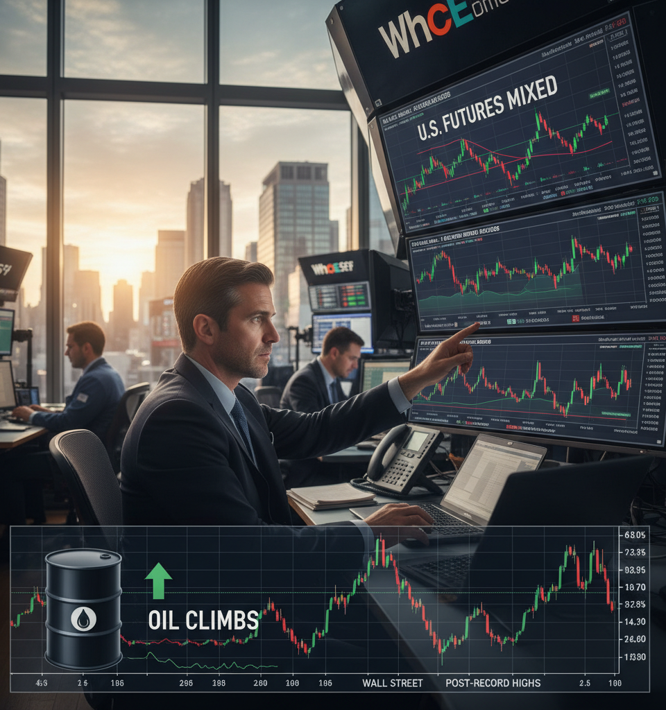 U.S. Futures Mixed, Oil Climbs as Wall Street Braces for Pivotal Week Post-Record Highs — AI-generated illustration