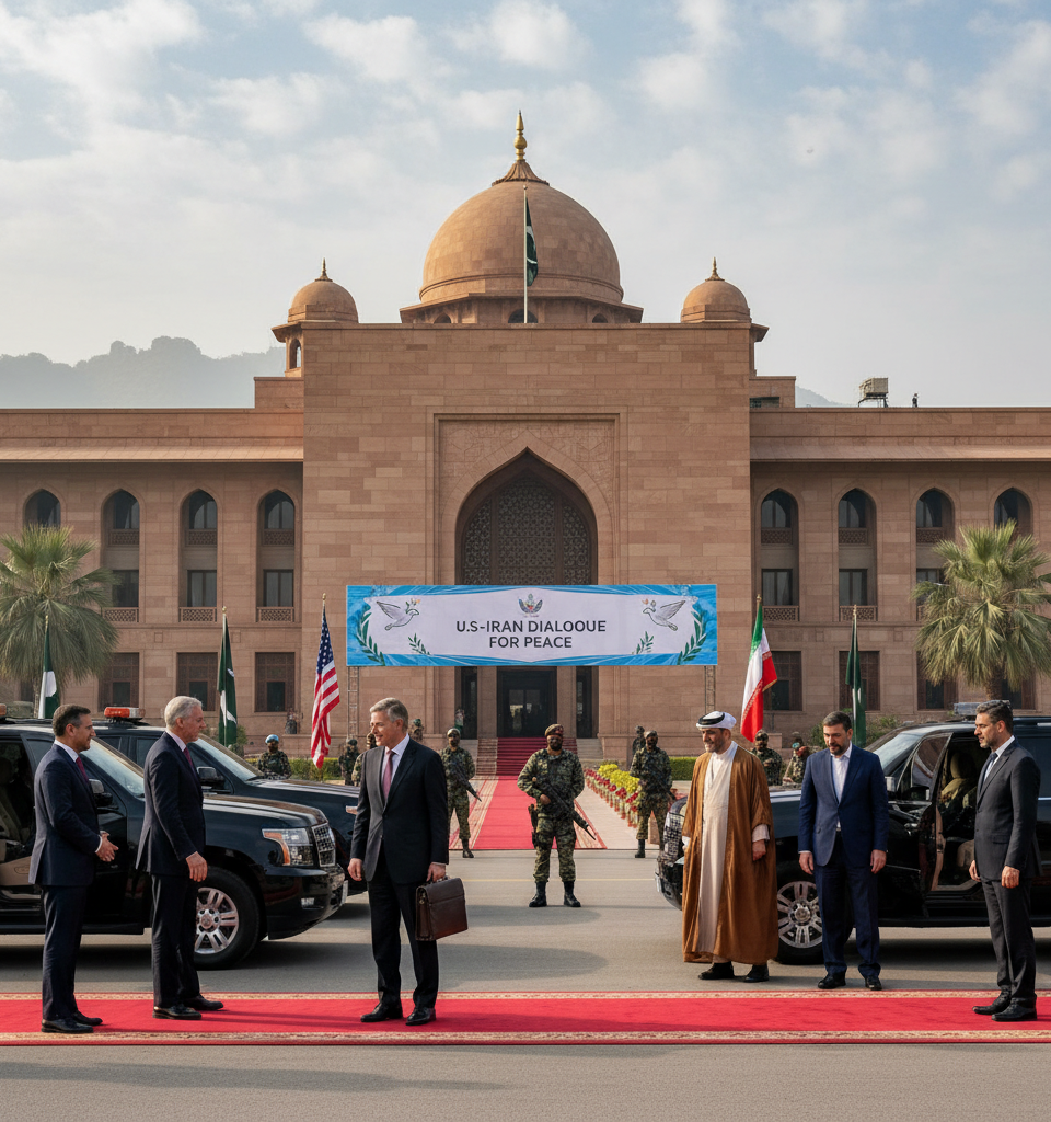 U.S.-Iran talks set to begin in Pakistani capital after delegations arrive — AI-generated illustration