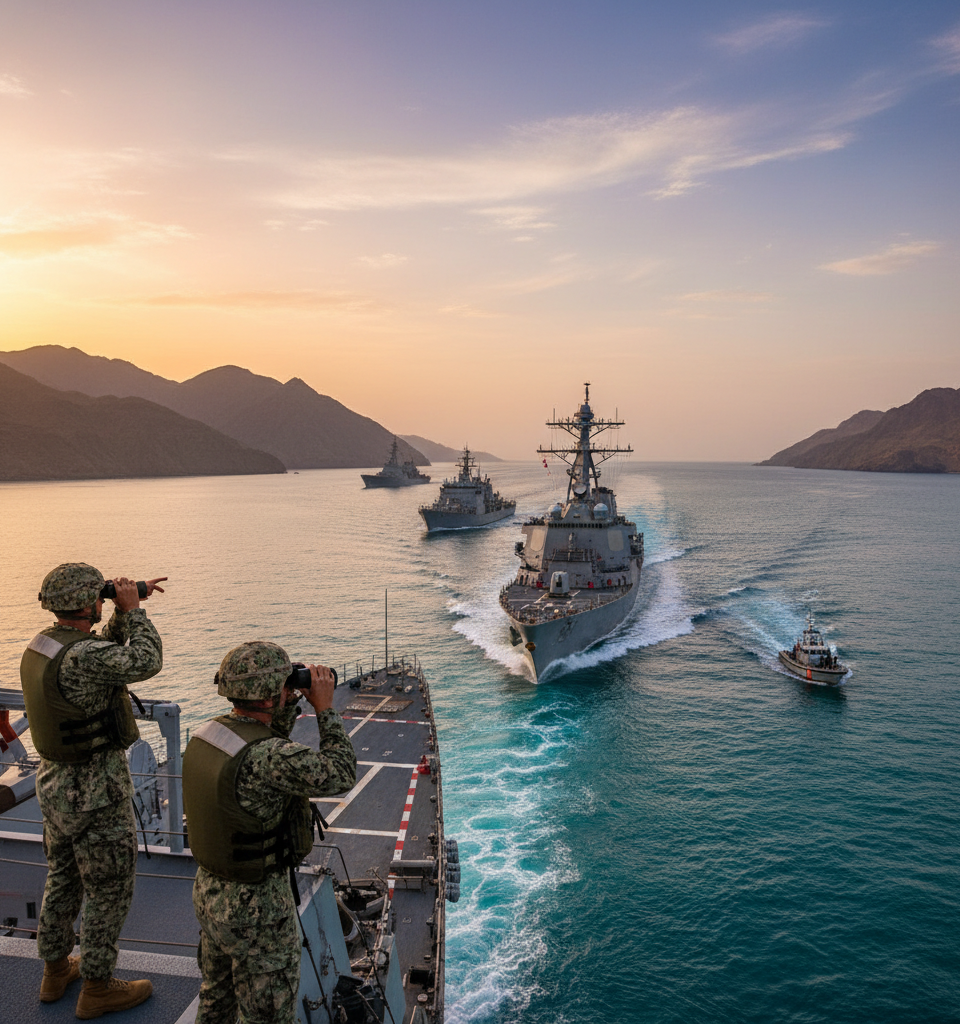 U.S. Navy ships transit Hormuz ahead of mine-clearing mission — AI-generated illustration