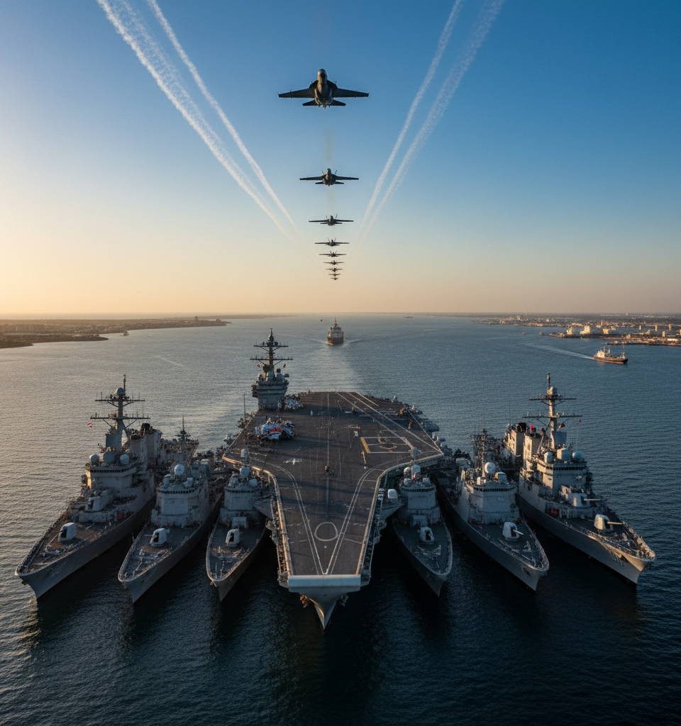 U.S. says Hormuz blockade 'fully implemented,' while signaling diplomatic off-ramp for Iran — AI-generated illustration