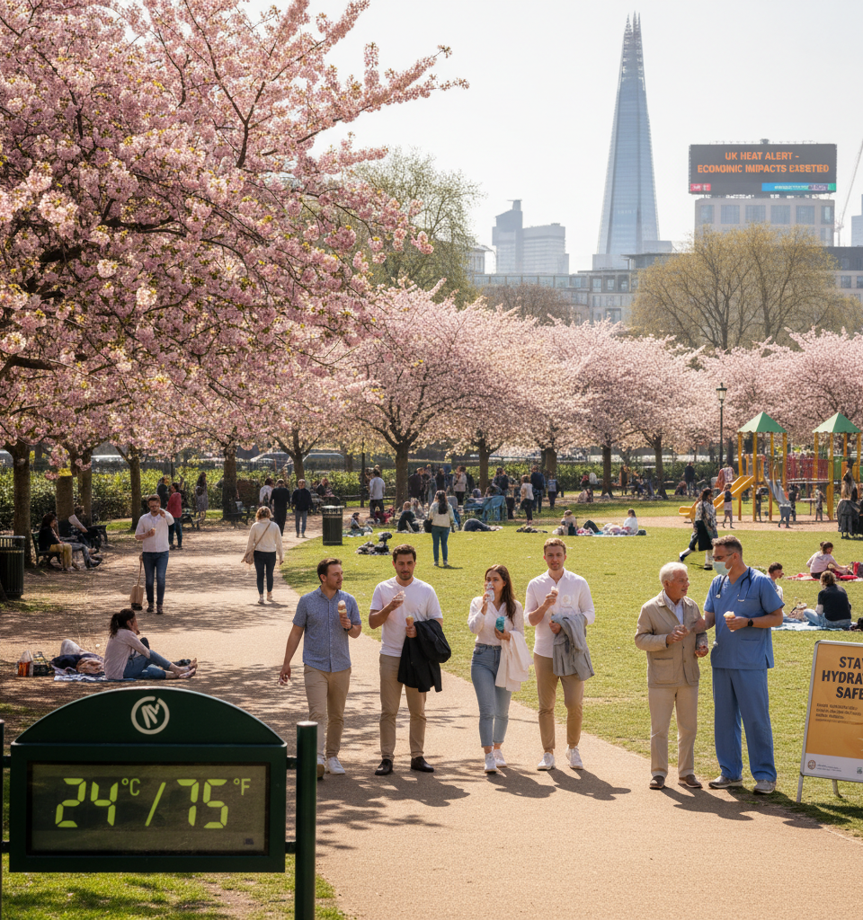 UK Braces for Hottest Day of the Year as Temperatures Soar to 24°C, Prompting Health & Economic Concerns — AI-generated illustration