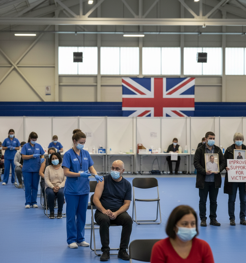 UK's COVID-19 Vaccine Rollout Hailed as 'Extraordinary Feat,' While Victims Seek Improved Support — AI-generated illustration