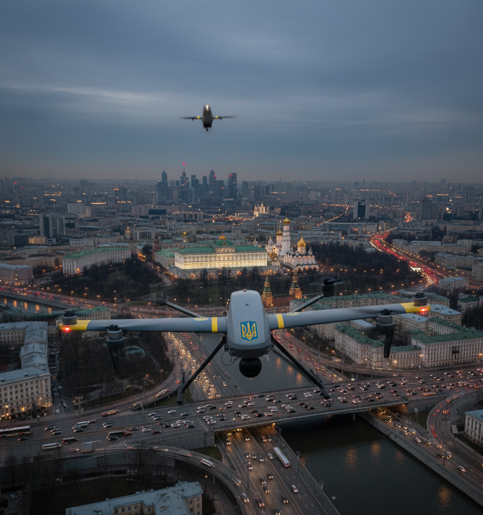 Ukraine Escalates War to Moscow: Drone Barrage Deepens Russian Anxiety, Shifts Conflict Dynamics — AI-generated illustration