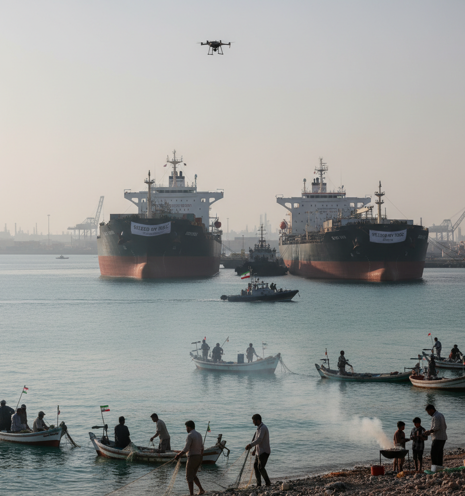 Uneasy Calm in Strait of Hormuz: Seized Vessels and Daily Life Under Scrutiny — AI-generated illustration