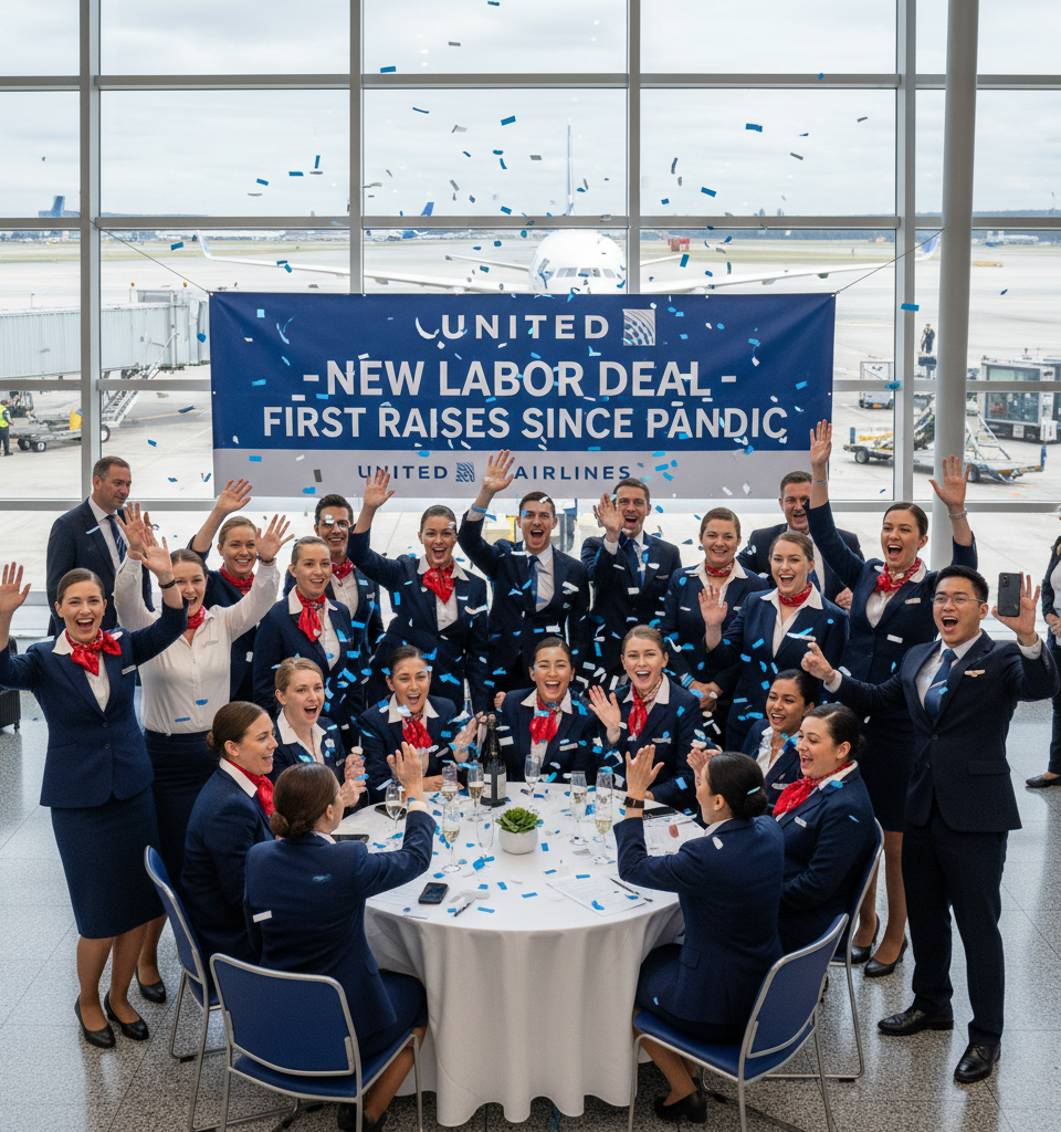 United Airlines, flight attendants reach labor deal for first raises since pandemic — AI-generated illustration