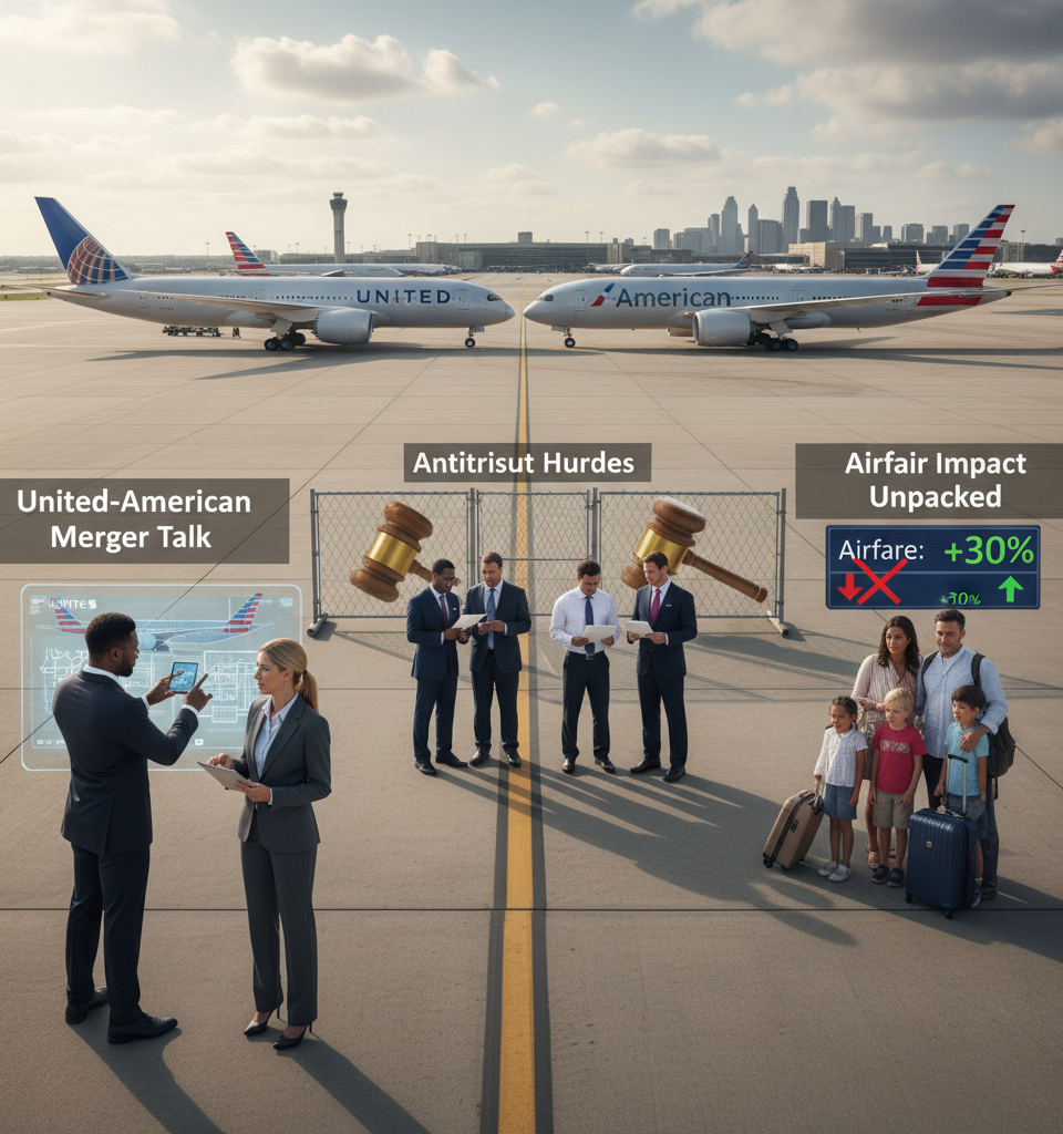 United-American Merger Talk: Antitrust Hurdles & Airfare Impact Unpacked — AI-generated illustration