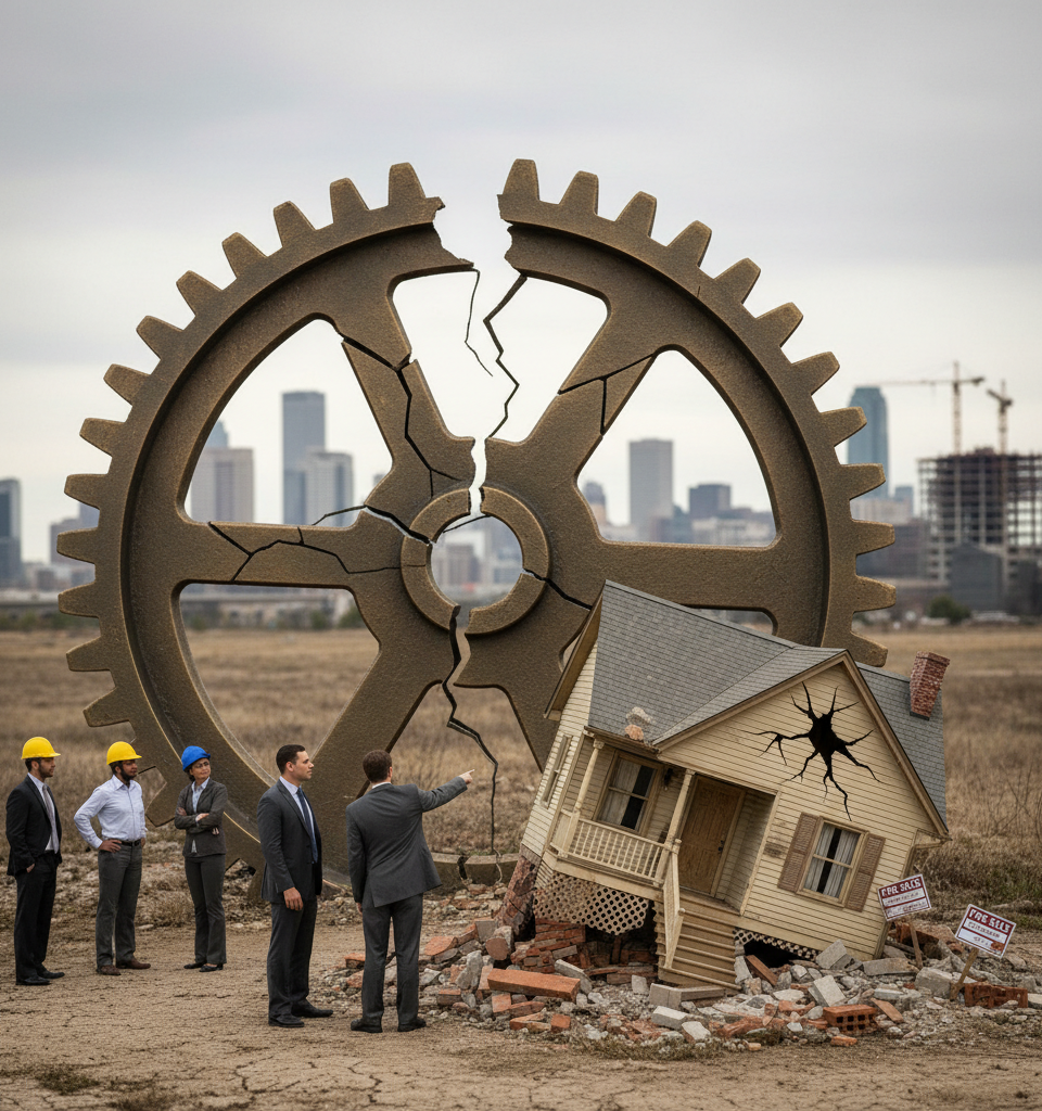 US Economic Engine Showing Cracks, Housing Market Already Feeling the Strain — AI-generated illustration