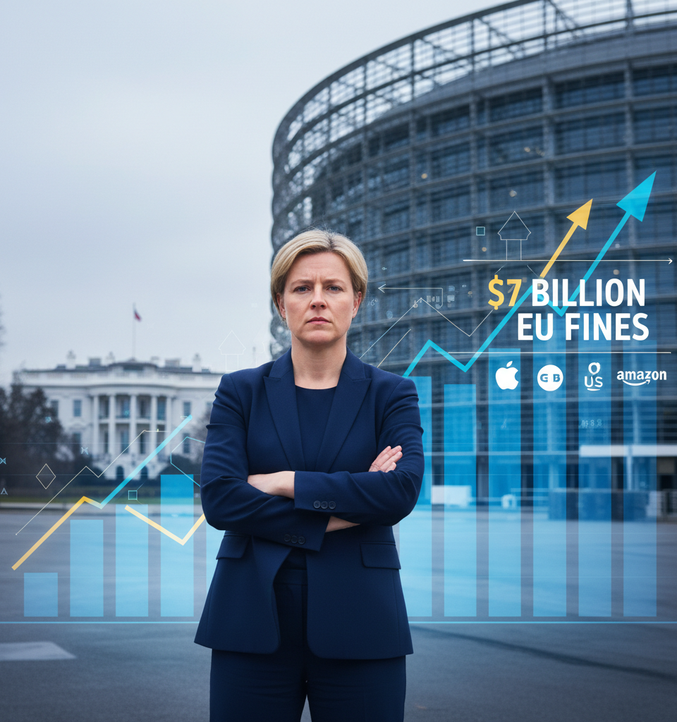 US-EU Tech Clash Intensifies: Trump Administration Fumes Over $7 Billion in EU Fines Against American Tech Giants — AI-generated illustration