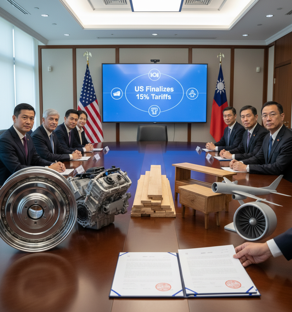 US Finalizes 15% Tariffs on Key Taiwanese Imports: Auto, Wood, Aircraft Parts Hit — AI-generated illustration