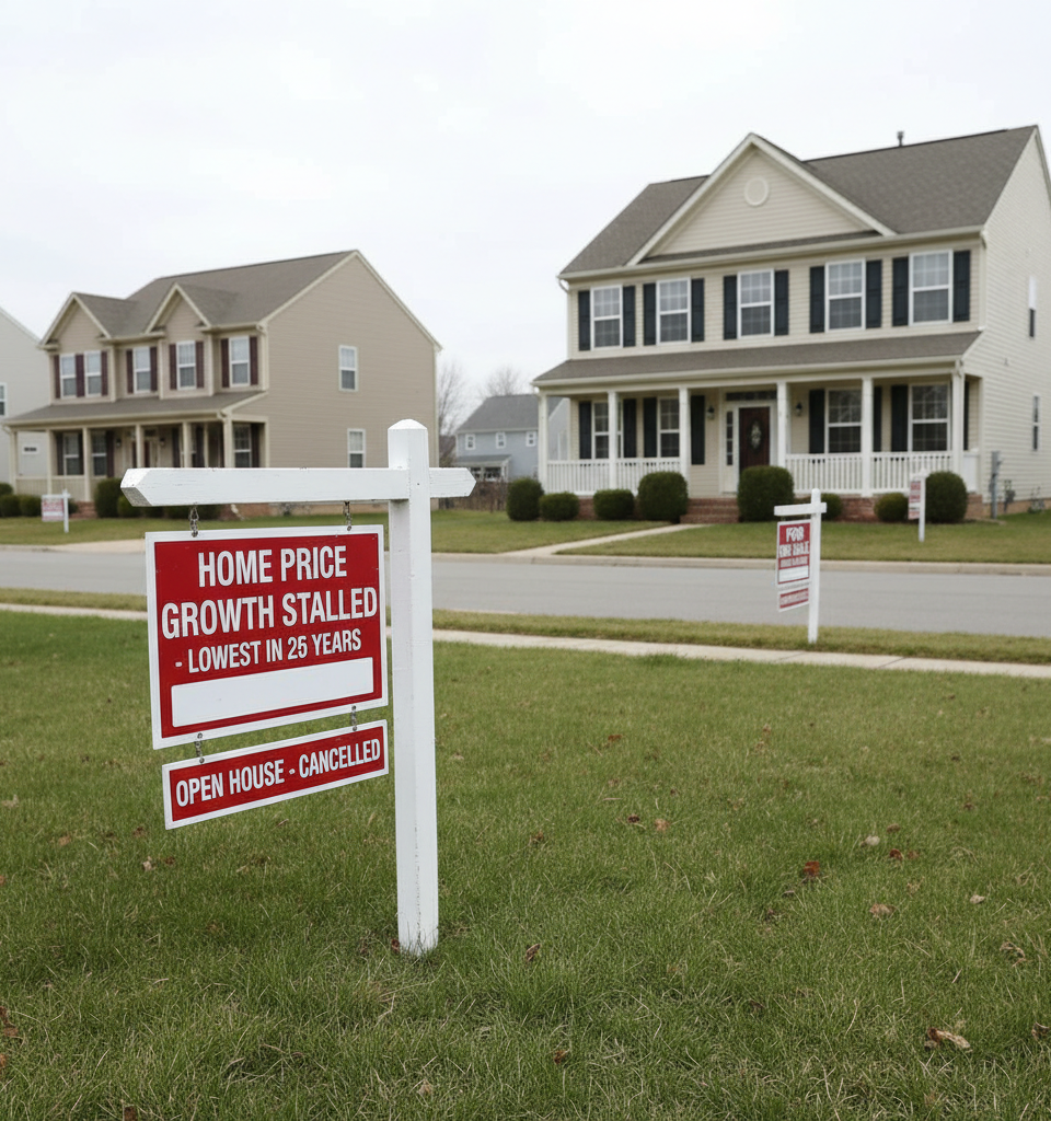 US Home Price Growth Stalls at Decade Low as Inventory Shrinks — AI-generated illustration