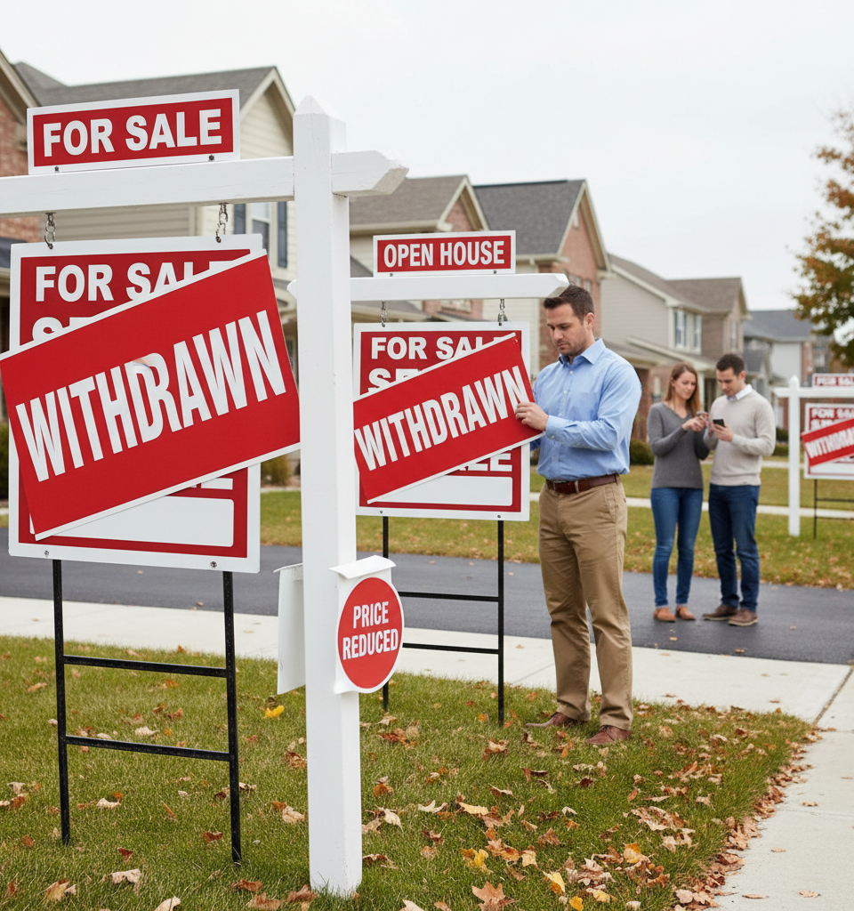 US Home Sellers Pull Listings Amid Buyer Price Resistance, Steepest Annual Price Drop Since 2017 — AI-generated illustration