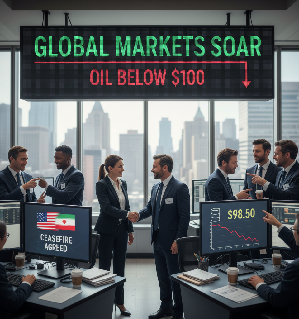 US-Iran Ceasefire Fuels Global Market Surge, Oil Plummets Below $100 — AI-generated illustration