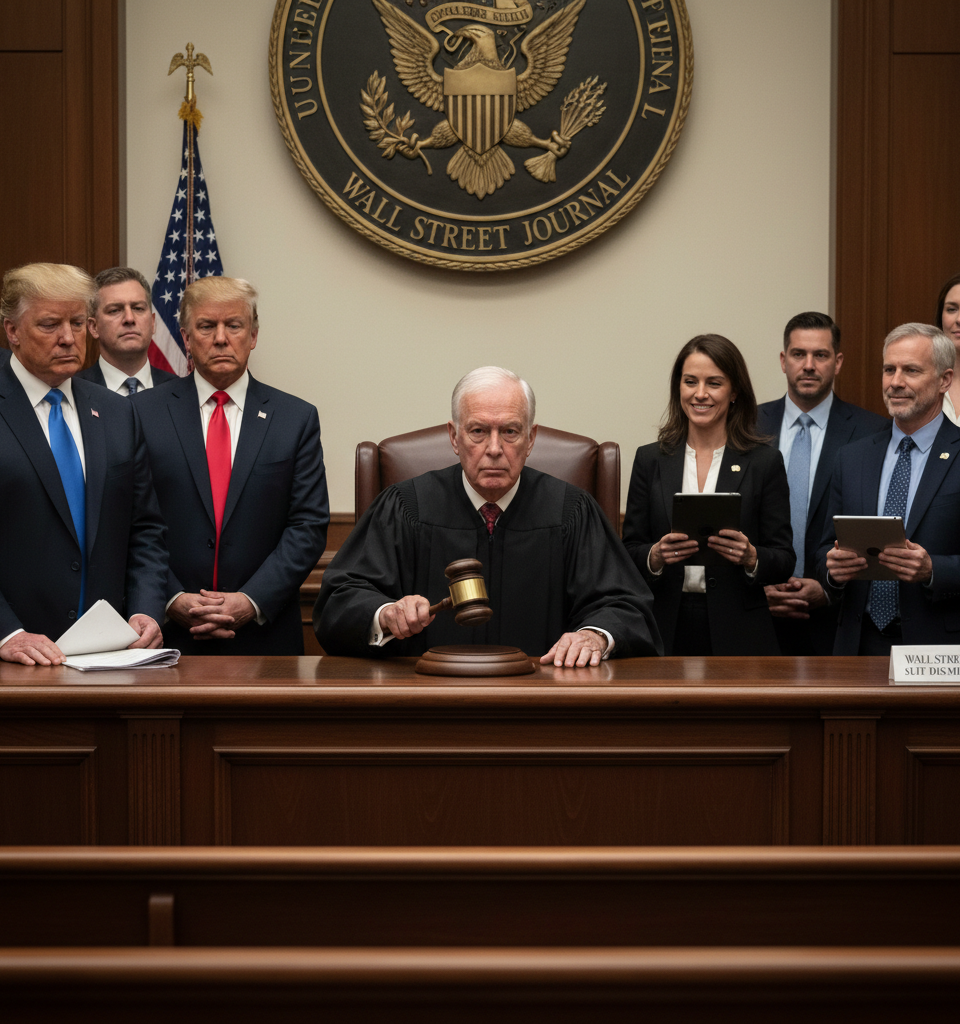 US judge dismisses $10bn Trump defamation suit against Wall Street Journal — AI-generated illustration