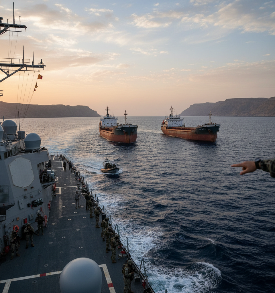US Naval Interception Halts Iran-Linked Vessels in Strait of Hormuz Amid Escalating Tensions — AI-generated illustration