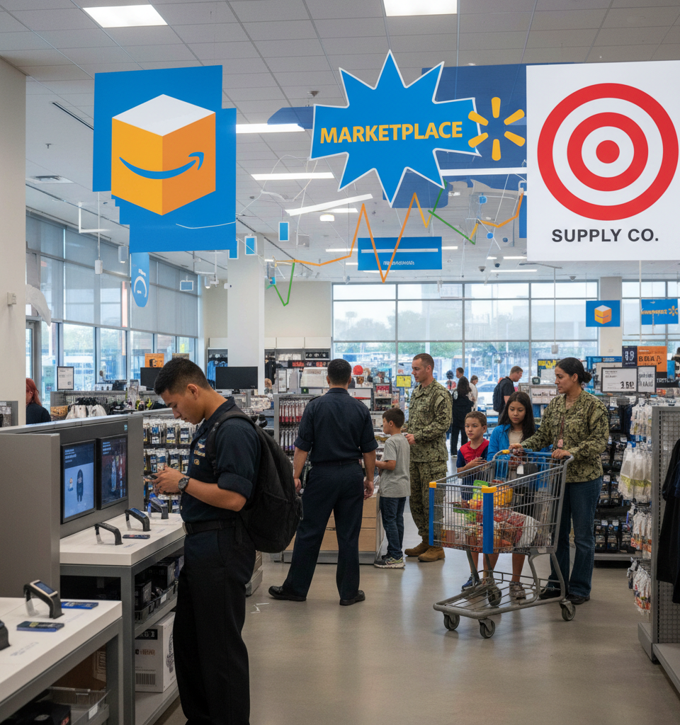 US Navy Retail Battles Giants: A Fight for Funding and Future Amidst E-commerce Threat — AI-generated illustration