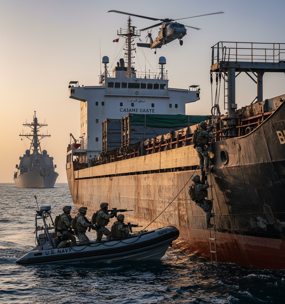 US Poised to Intercept Iran-Linked Vessels Amid Rising Tensions — AI-generated illustration