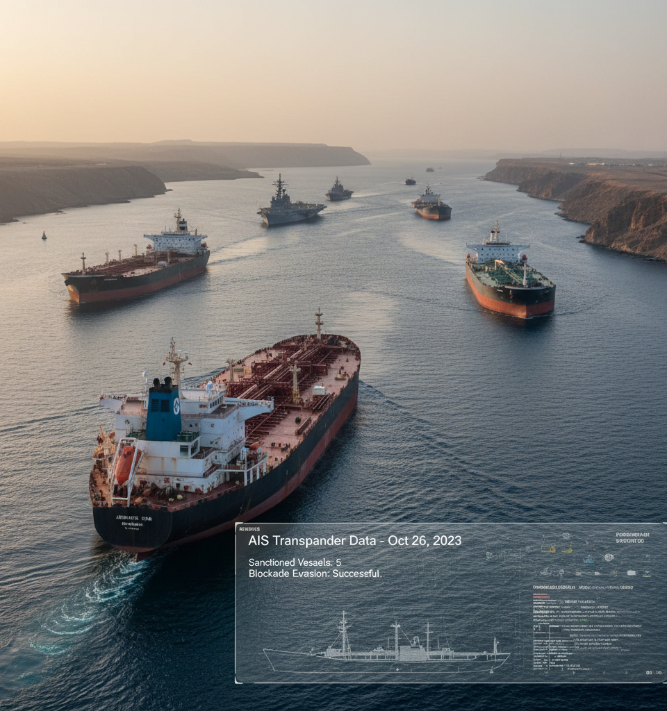 US-sanctioned tankers pass Strait of Hormuz despite US blockade, data shows — AI-generated illustration