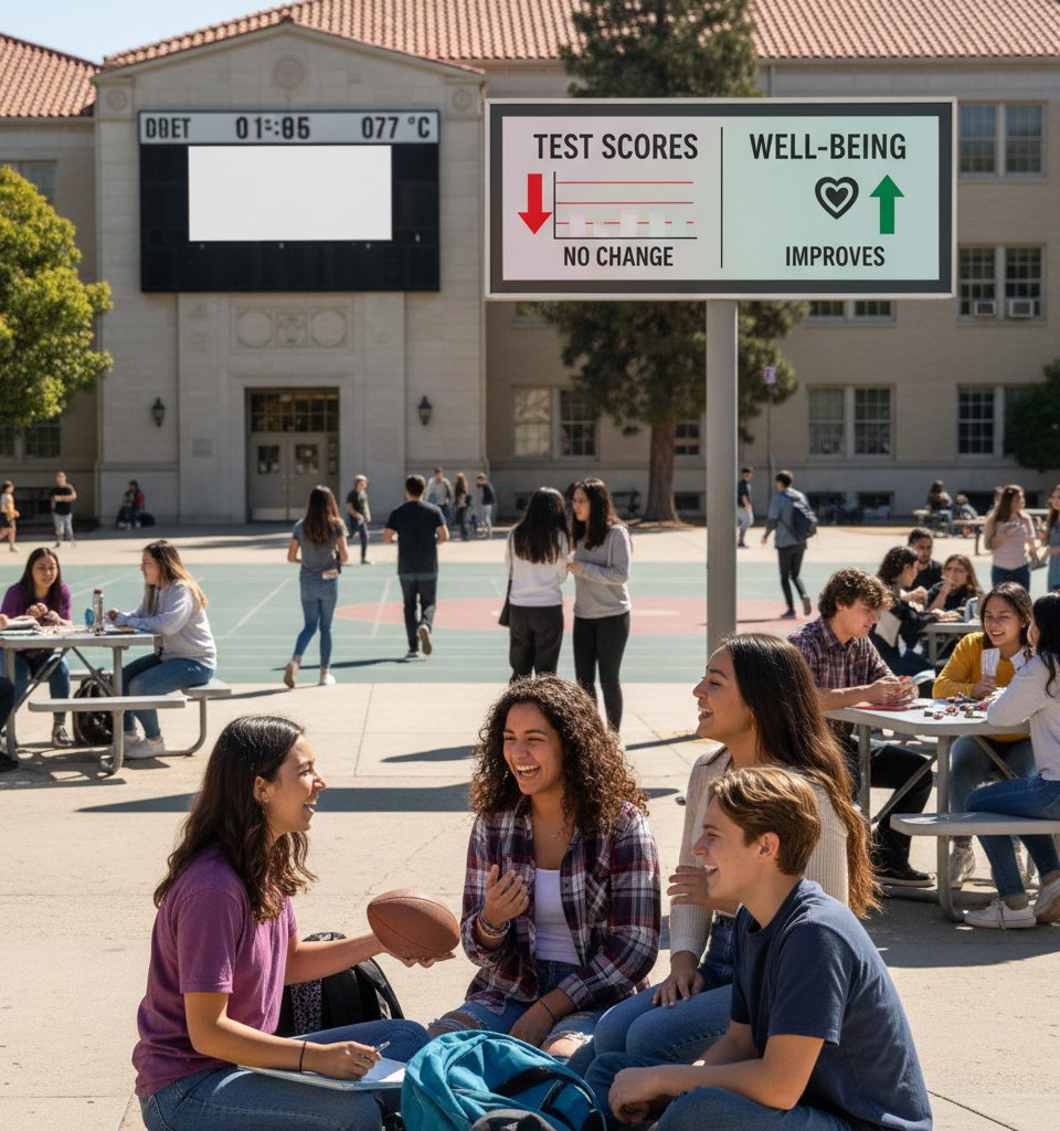 US School Cellphone Bans: No Boost to Test Scores, But Student Well-being Improves — AI-generated illustration