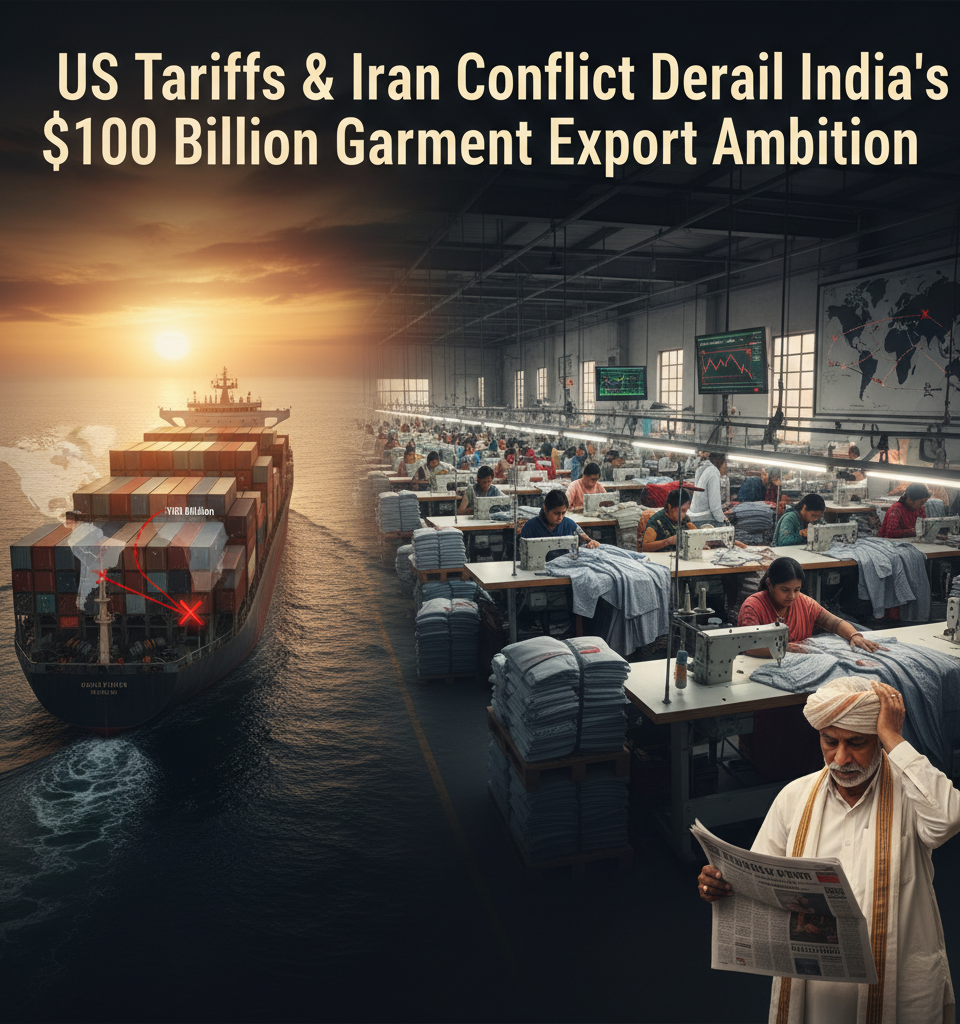 US Tariffs & Iran Conflict Derail India's $100 Billion Garment Export Ambition — AI-generated illustration