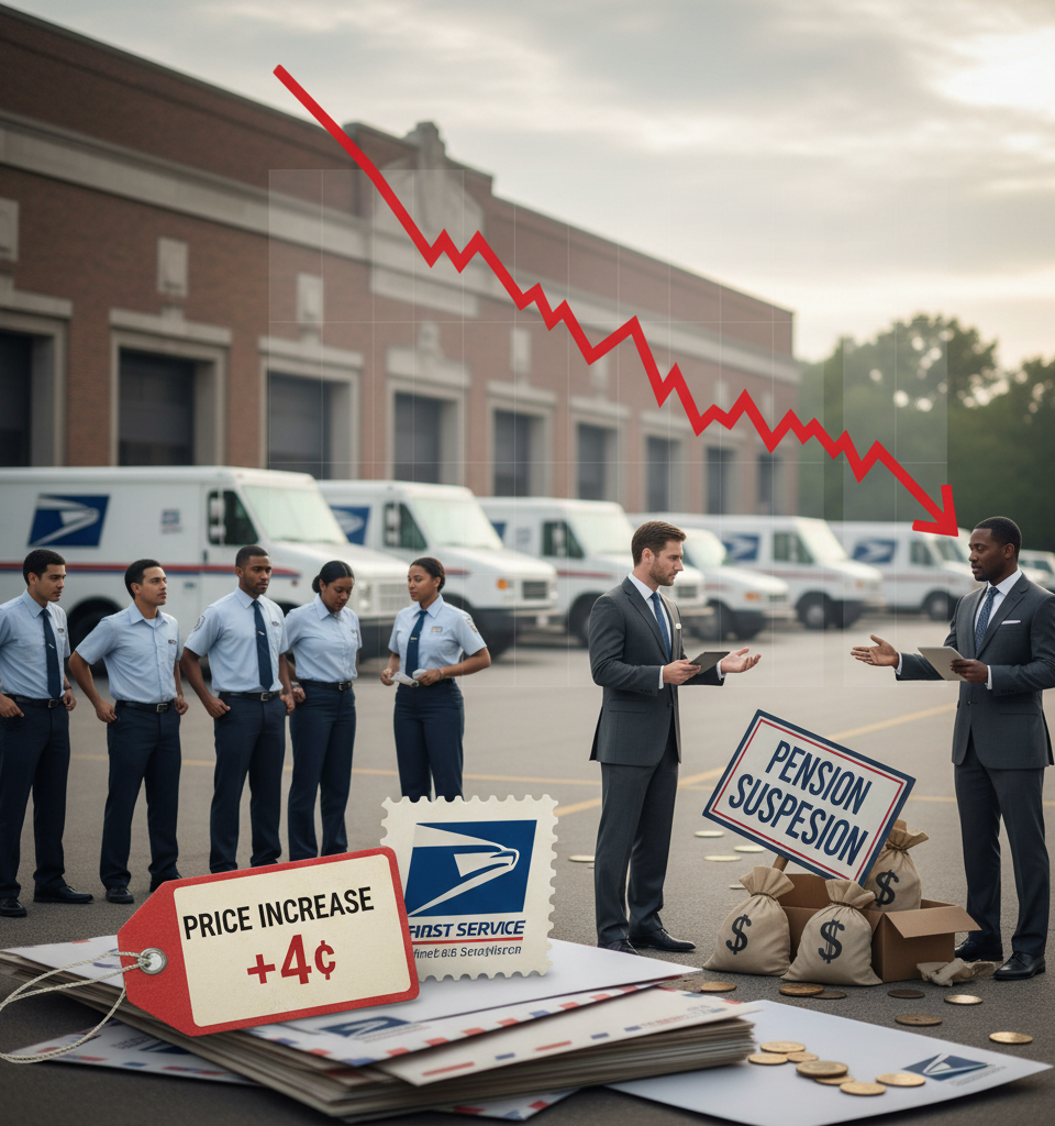 USPS Faces Fiscal Cliff, Proposes Stamp Hike Amidst Pension Suspension — AI-generated illustration