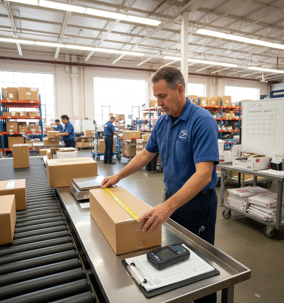 USPS Set to Align Dimensional Weight Pricing with FedEx, UPS on July 12 — AI-generated illustration